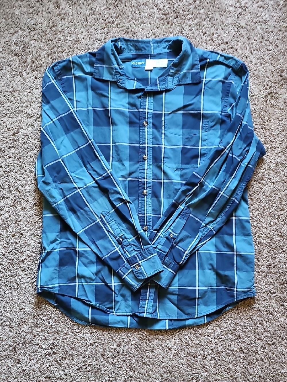 Old Navy Teal and Navy Plaid Casual Button-Down Shirt